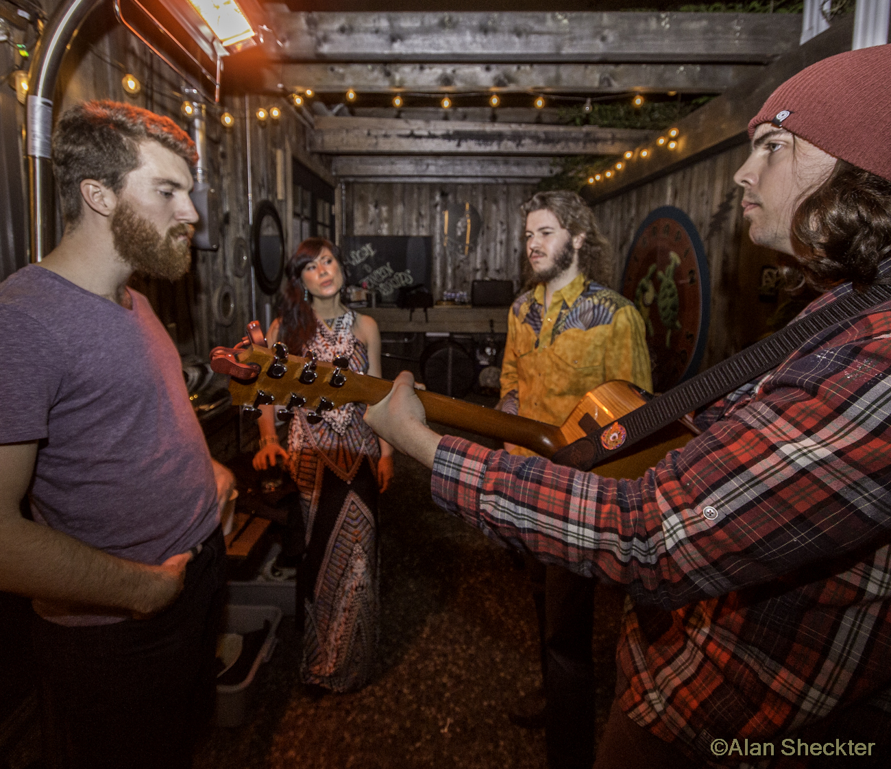 Midnight North readying for their performance in the Grate Room, from left: Grahame Lesh, Elliott Peck, Alex Jordan, Alex Koford, January 29, 2016