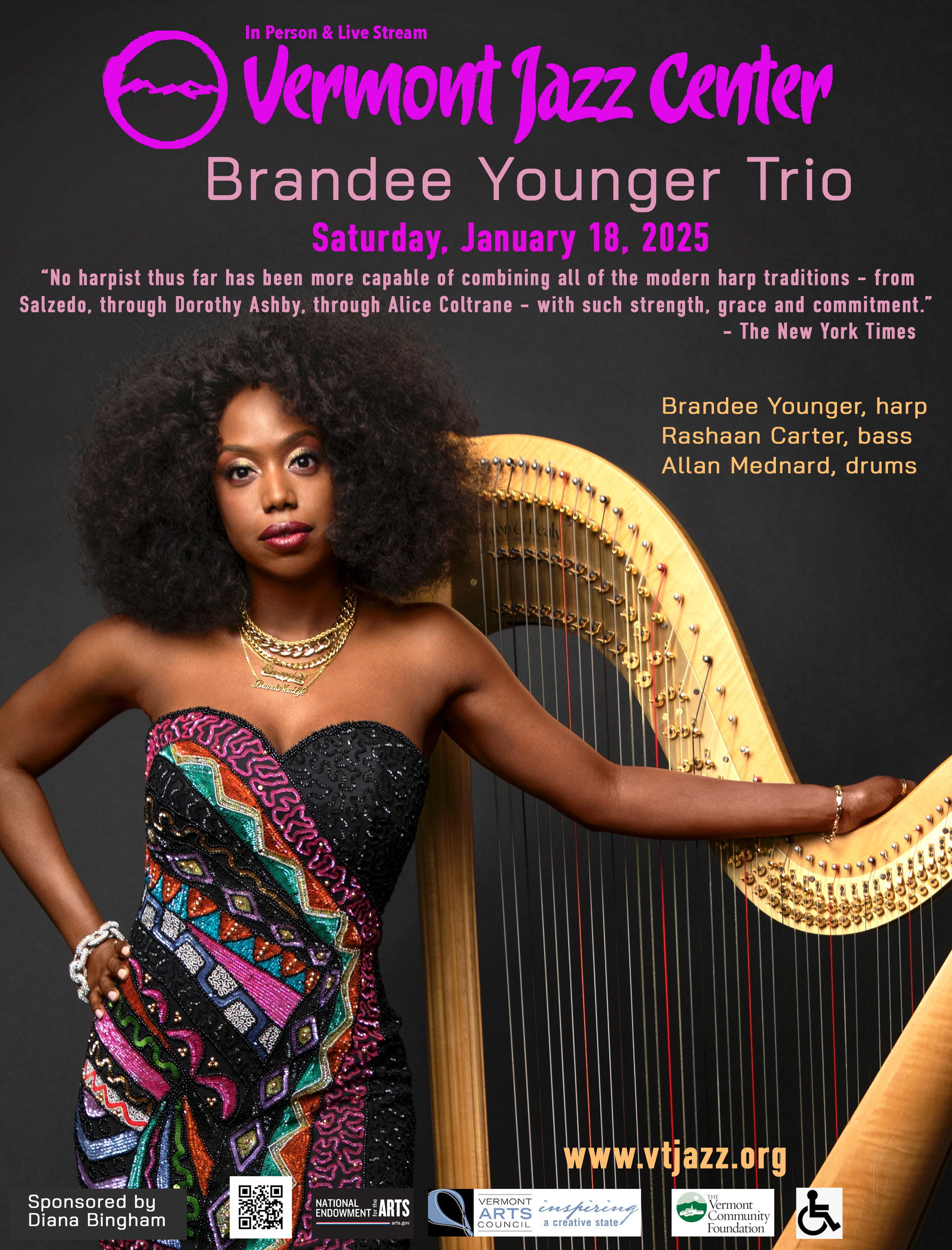 Grammy-Nominated Jazz Harpist Brandee Younger to Perform at the Vermont Jazz Center on Saturday, January 18, 2025, at 7:30 PM