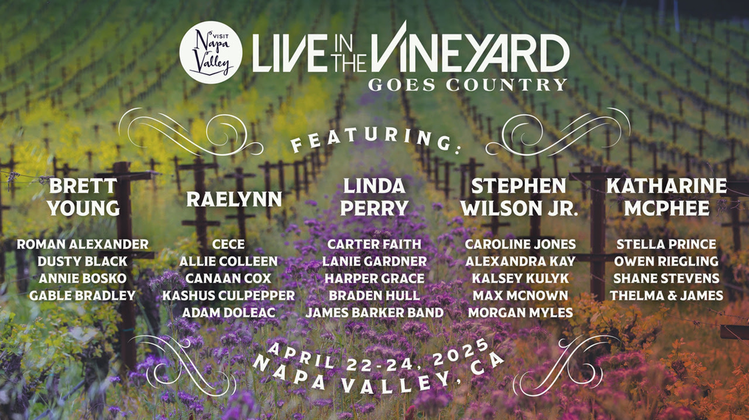 Live In The Vineyard Goes Country, Presented By Visit Napa Valley®, Reveals First Wave of Talent For Upcoming Event To Be Held April 22-24, 2025