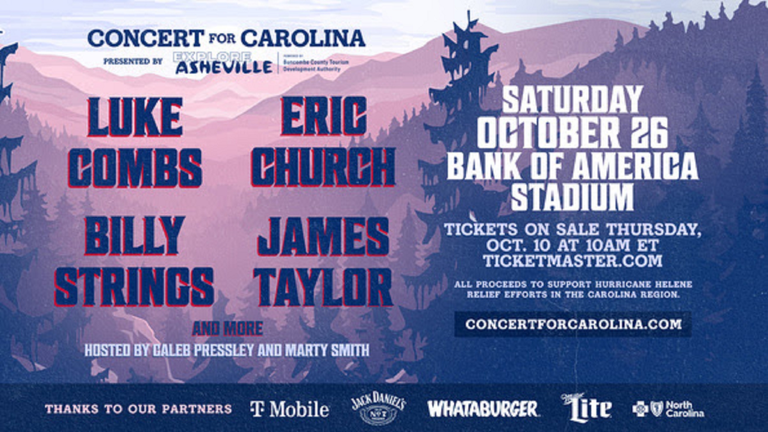 Luke Combs, Eric Church, Billy Strings and James Taylor, “Concert for Carolina” October 26 at Charlotte’s Bank of America Stadium