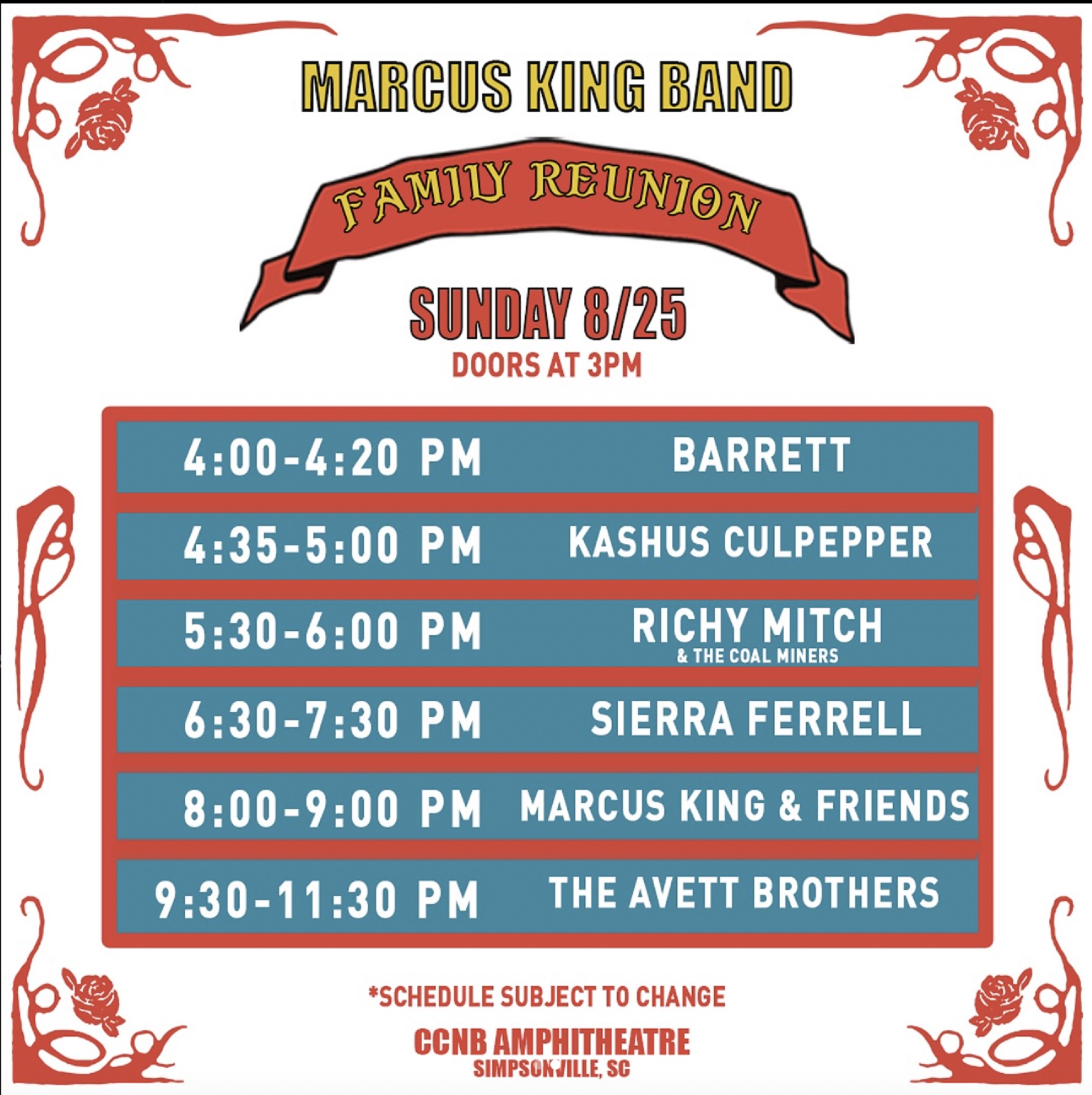 Marcus King Band Family Reunion reveals set times for festival; includes Marcus King, The Avett Brothers, Band of Houses, Sierra Ferrell and more