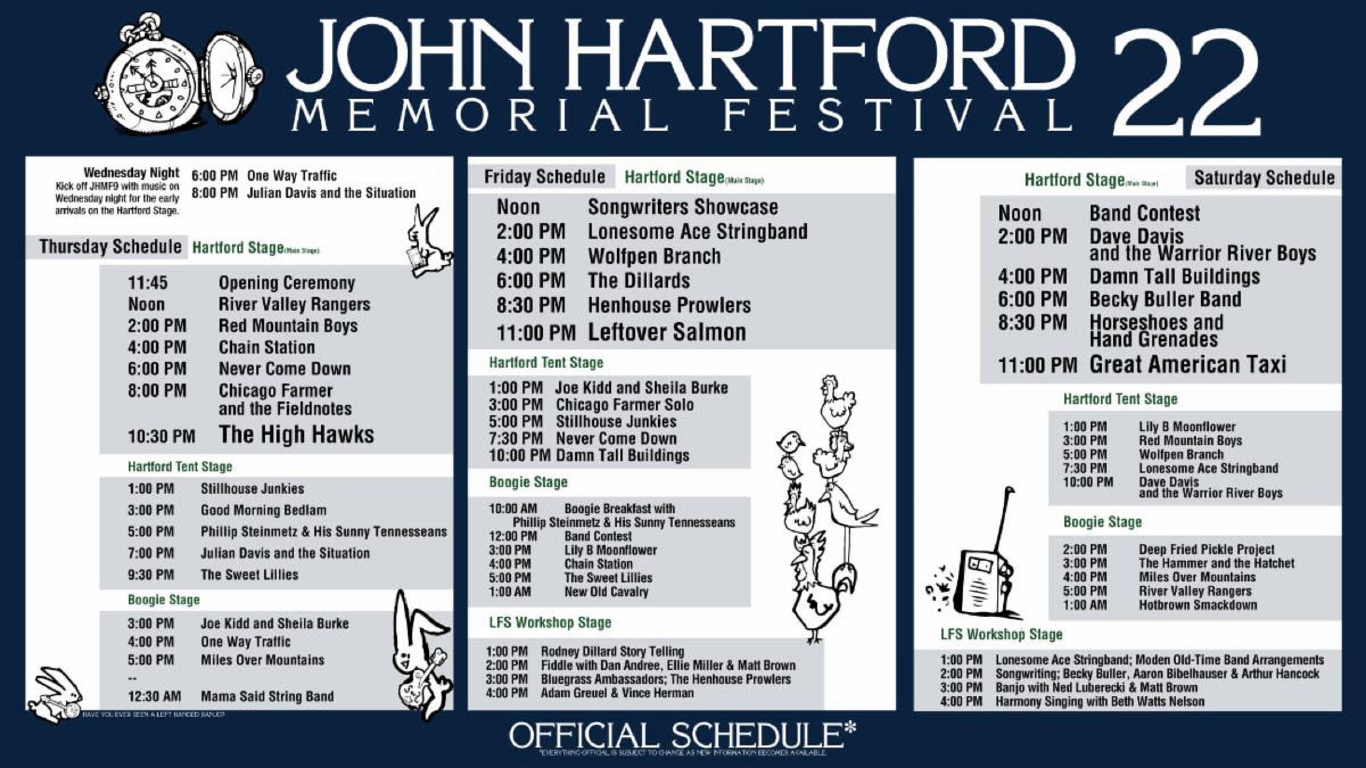 John Hartford Memorial Festival Hourly Stage Schedule and New Stage