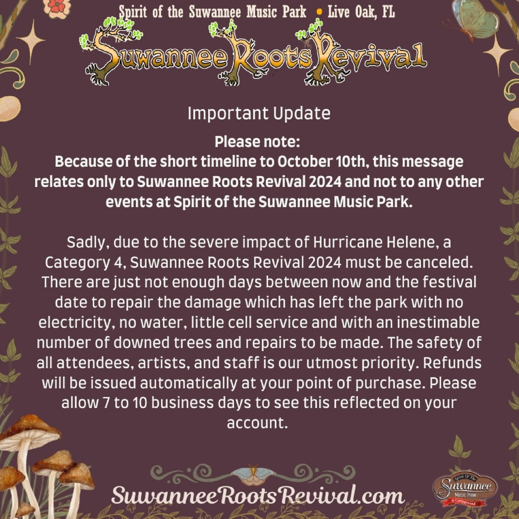 Suwannee Roots Revival 2024 Canceled Due to Hurricane Helene’s Impact