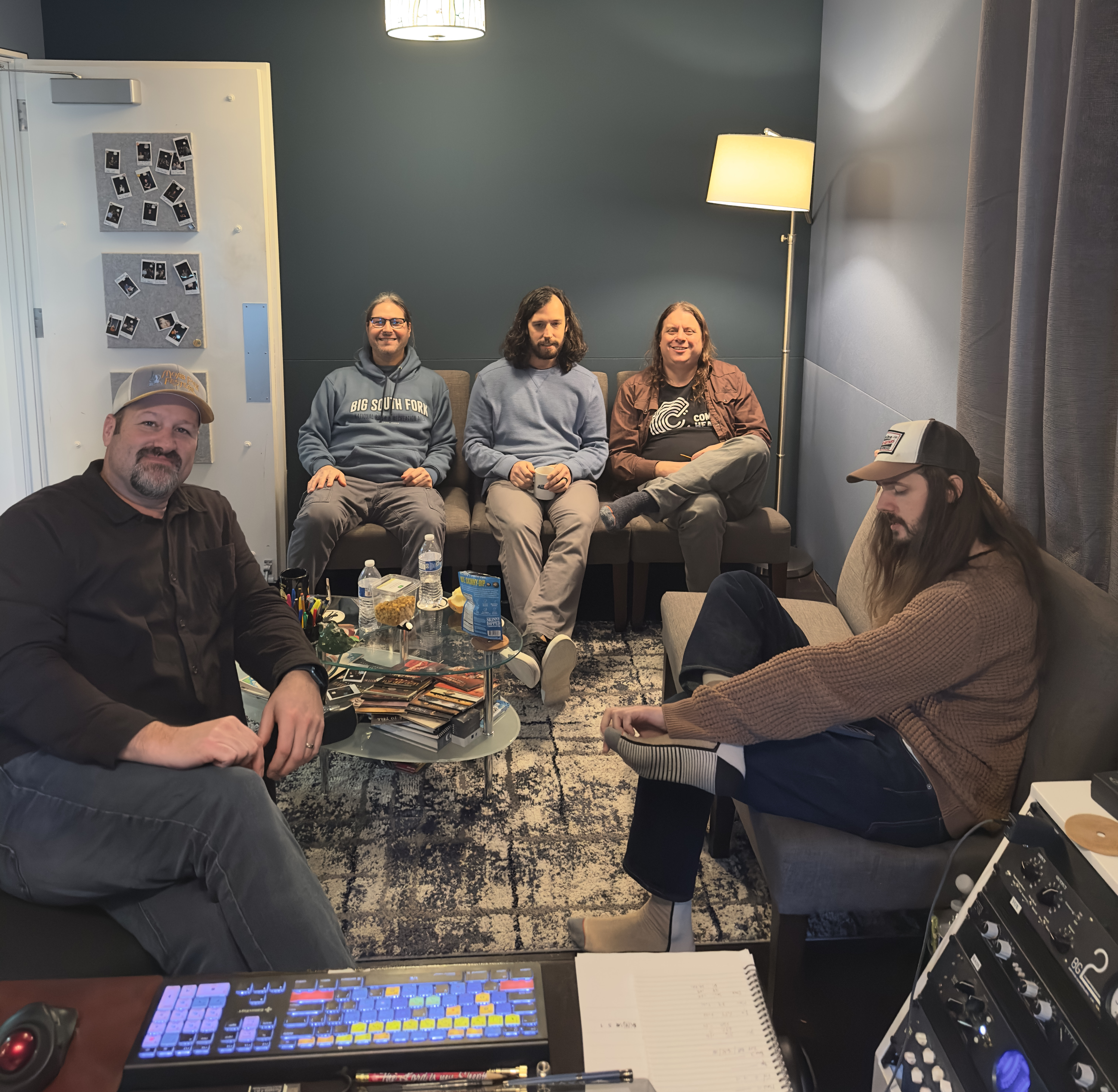 L-R: Stephen Mougin (producer, recording and mixing engineer, with Henhouse Prowlers - Jon Goldfine, Chris Dollar,  Ben Wright, and Jake Howard at the Dark Shadow Recording studio. Photo by Jana Mougin.