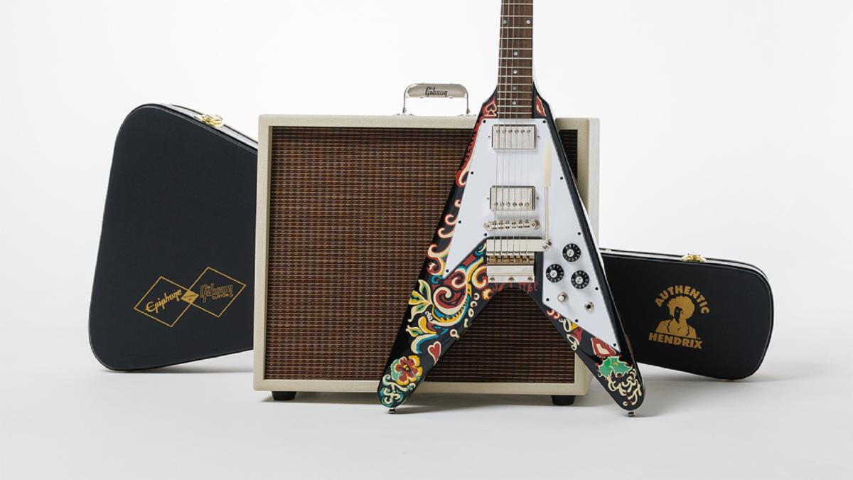 Above: the Epiphone Jimi Hendrix “Love Drops” Flying V features a careful recreation of the striking psychedelic graphics that Jimi Hendrix hand-painted on his original guitar.