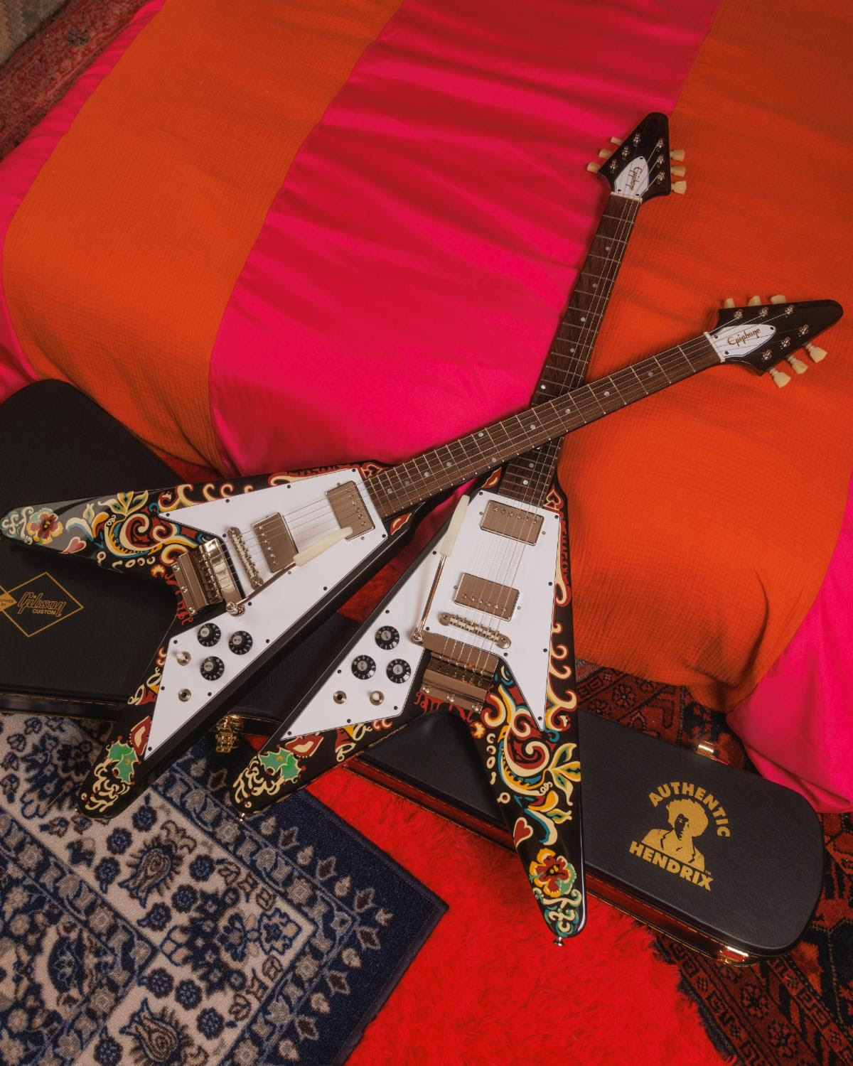 Above: the Epiphone Jimi Hendrix “Love Drops” Flying V features a careful recreation of the striking psychedelic graphics that Jimi Hendrix hand-painted on his original guitar.