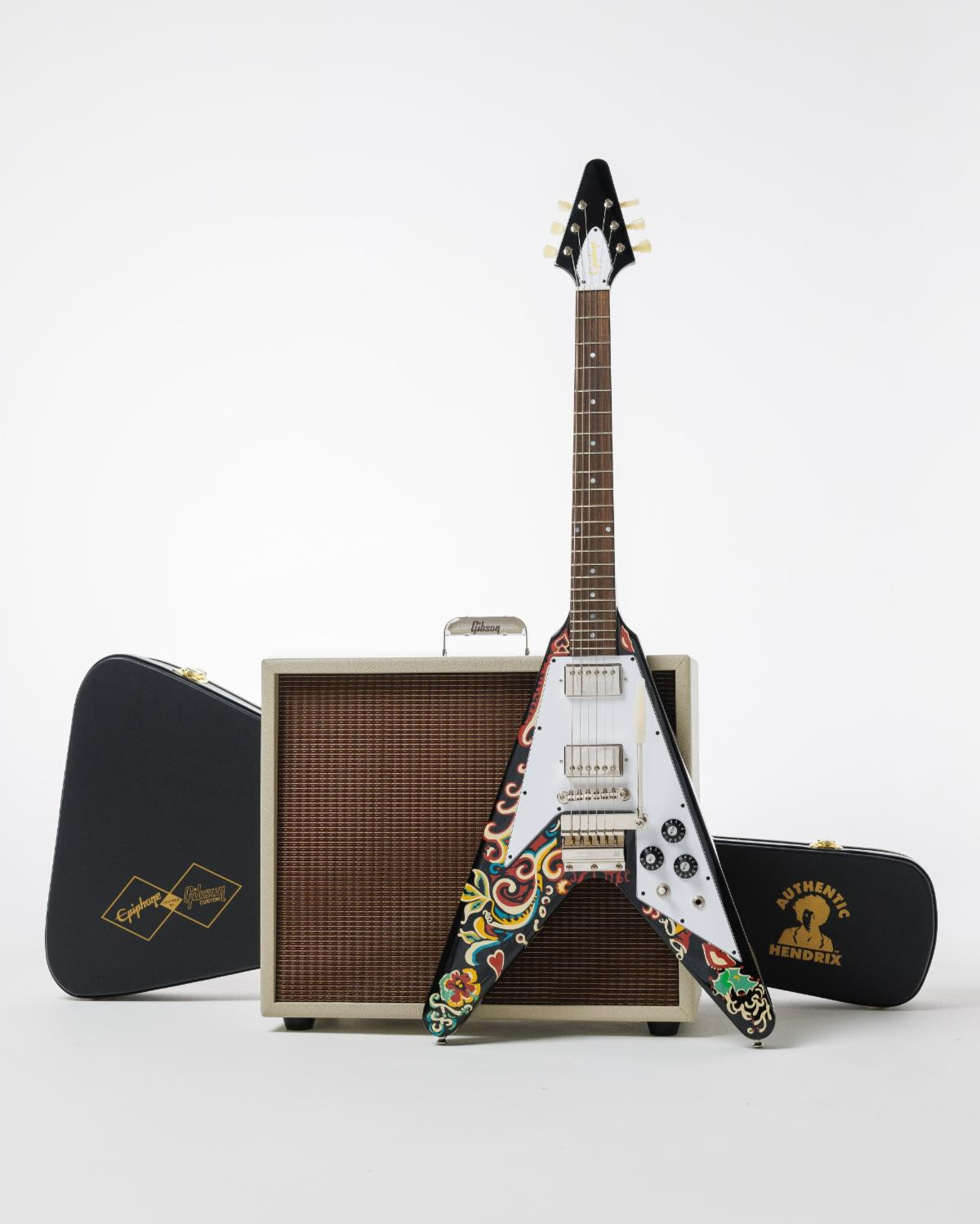 Above: the Epiphone Jimi Hendrix “Love Drops” Flying V with custom hardshell guitar case.