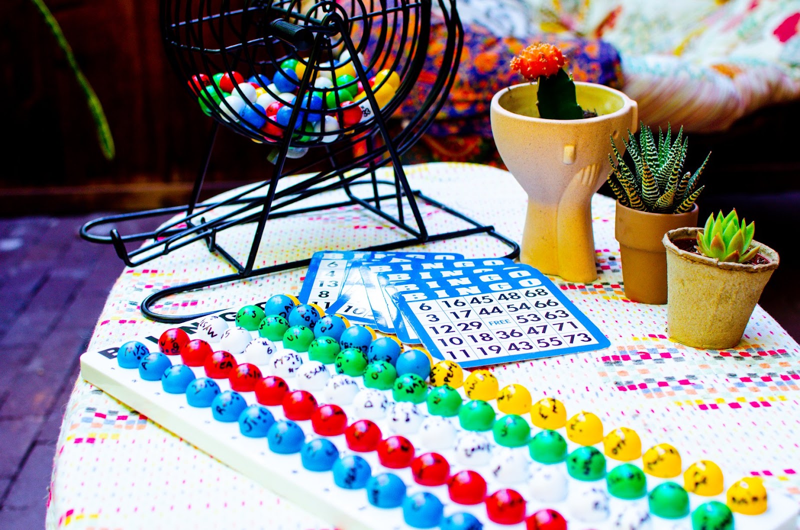 Bingo Tour 2020: Prepping for performance with Goose’s catalog on labeled bingo balls. Photo: Bryan Murphy. 